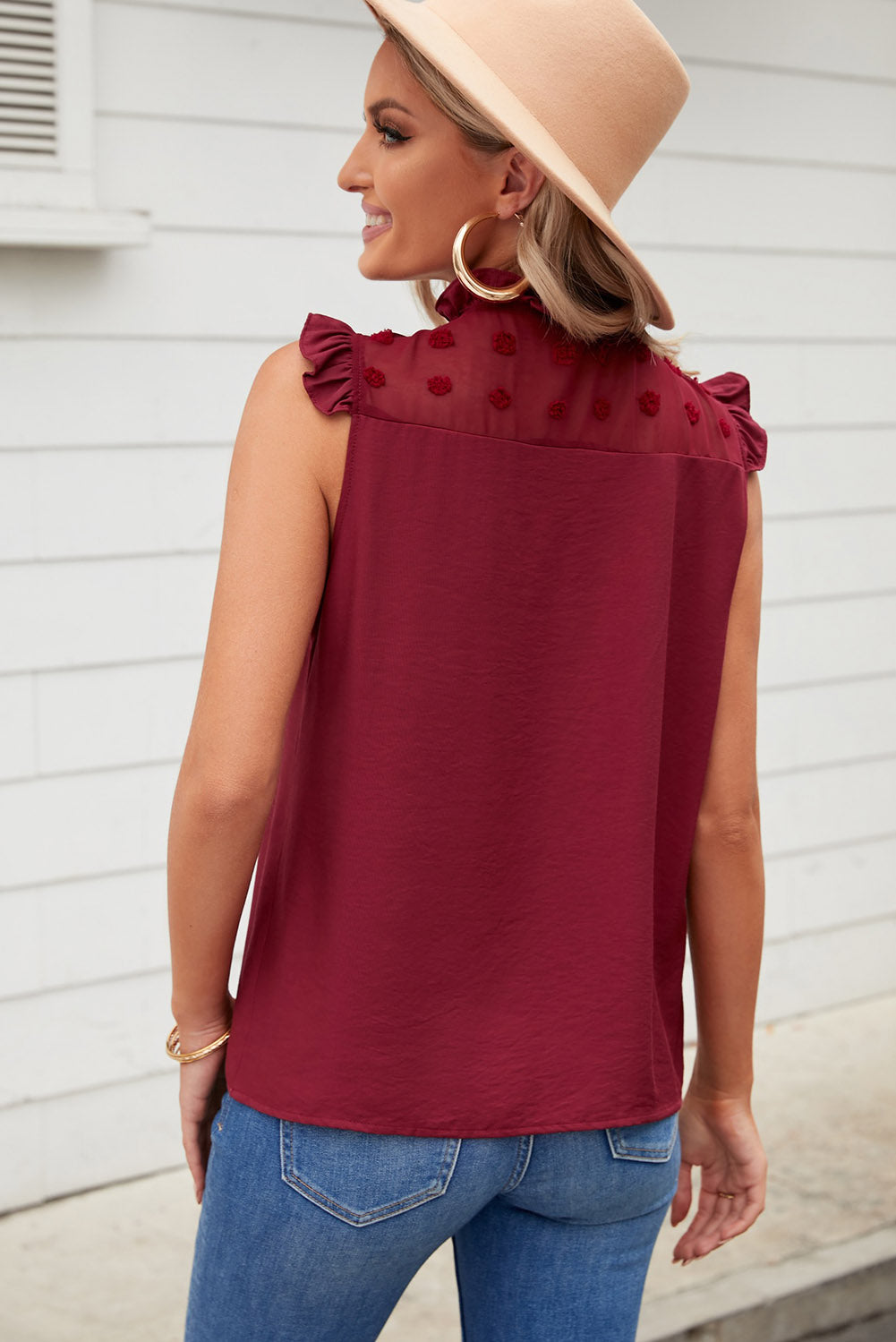 Burgundy Ruffle Trim Swiss Dot Button Closure Sleeveless Shirt *