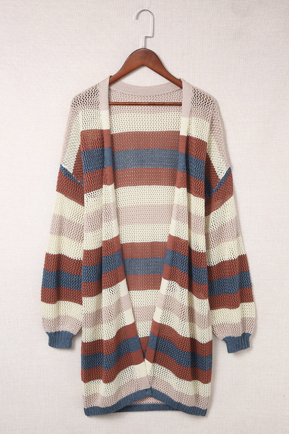 Striped Color Block Hollow Cable Knit Cardigan *