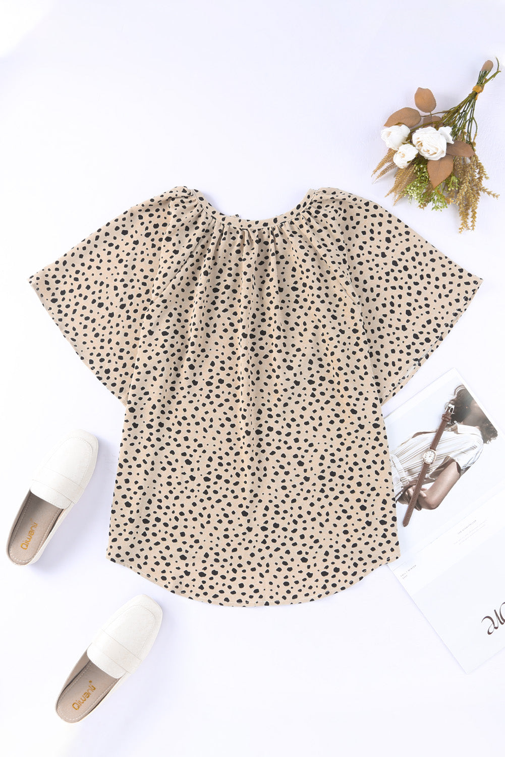 Cheetah Notch V Neck Casual Ruffle Sleeve Blouse *