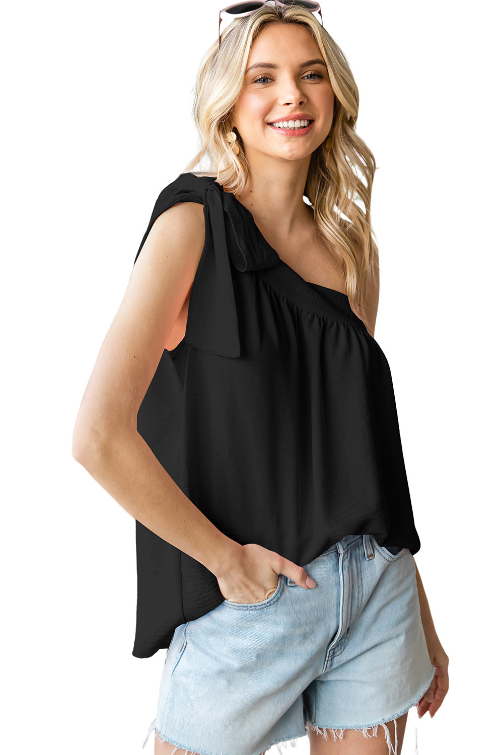 Casual Sleeveless One Shoulder Silk Top *