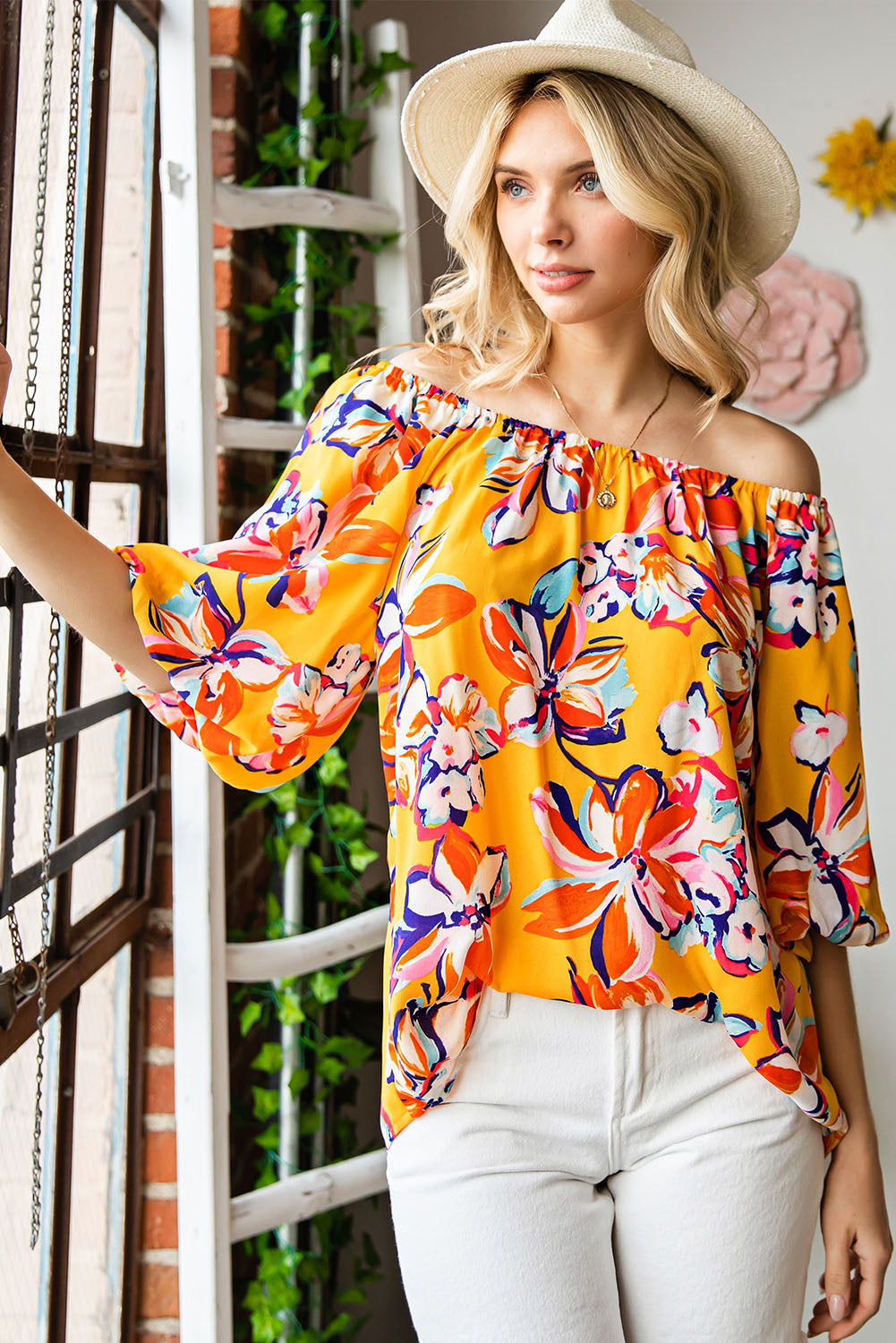 Floral Print Boho Half Sleeve Bishop Sleeve Blouse *