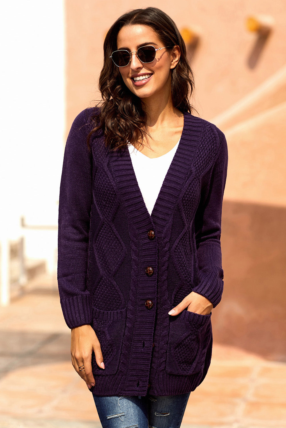 Color Block Button Up Closure Knitted Cardigan with Pocket *