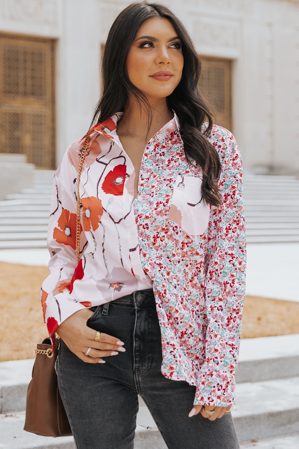 Bohemian Floral Pockets Patchwork Button Up Shirt *