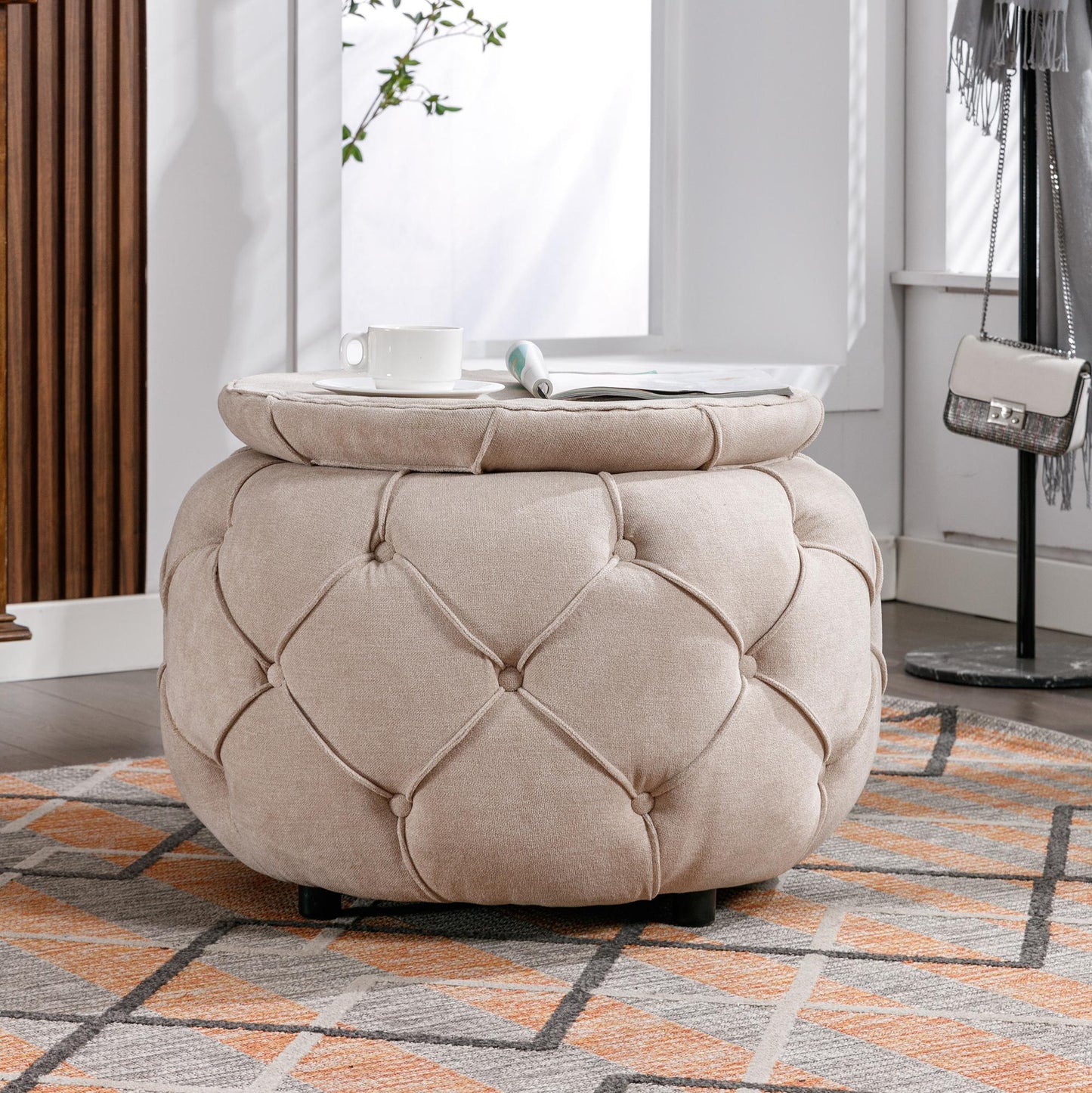 Large Button Tufted Woven Round Storage Footstool