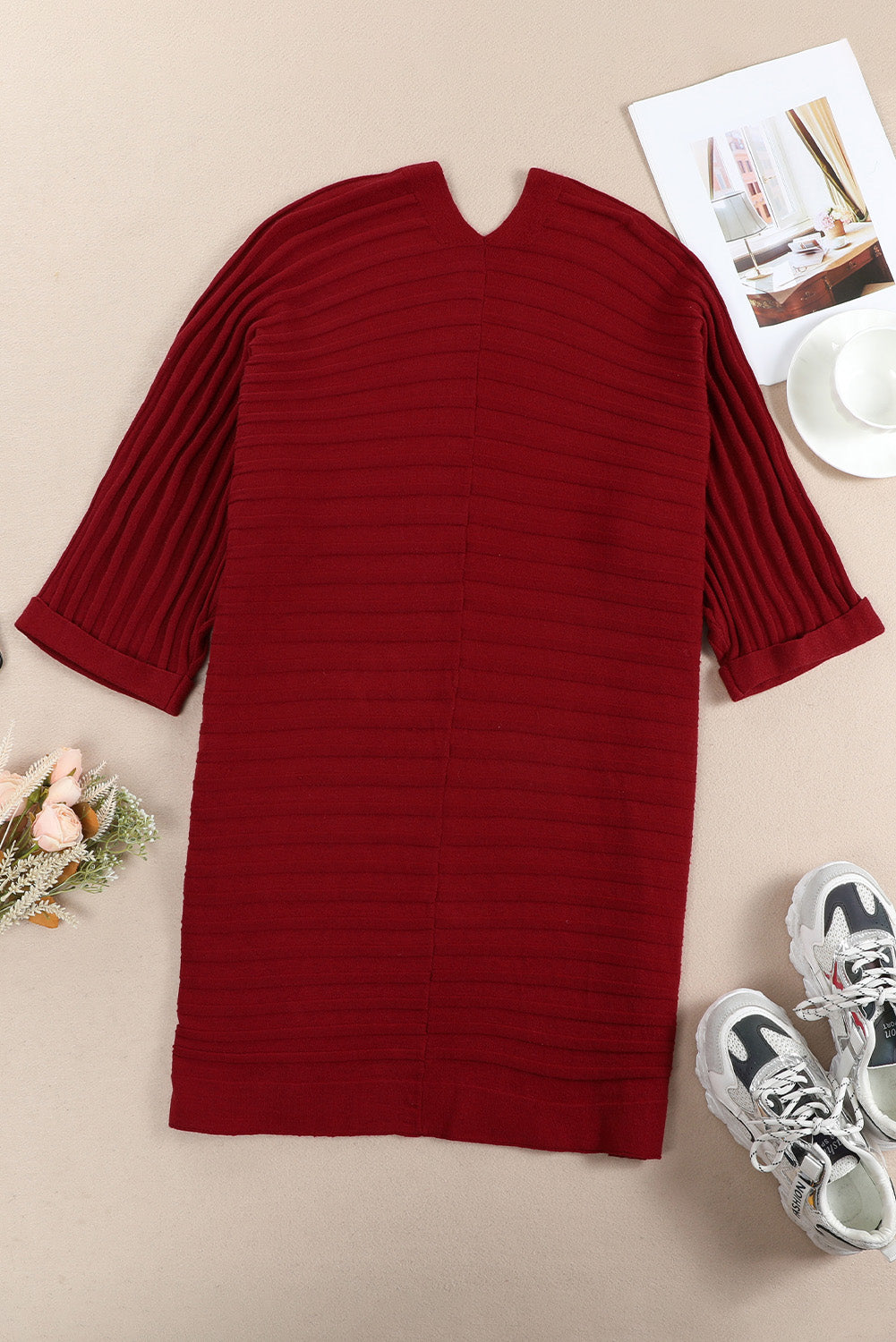 Ribbed Knit 3/4 Sleeve Open Front Swimsuit Cover Up *