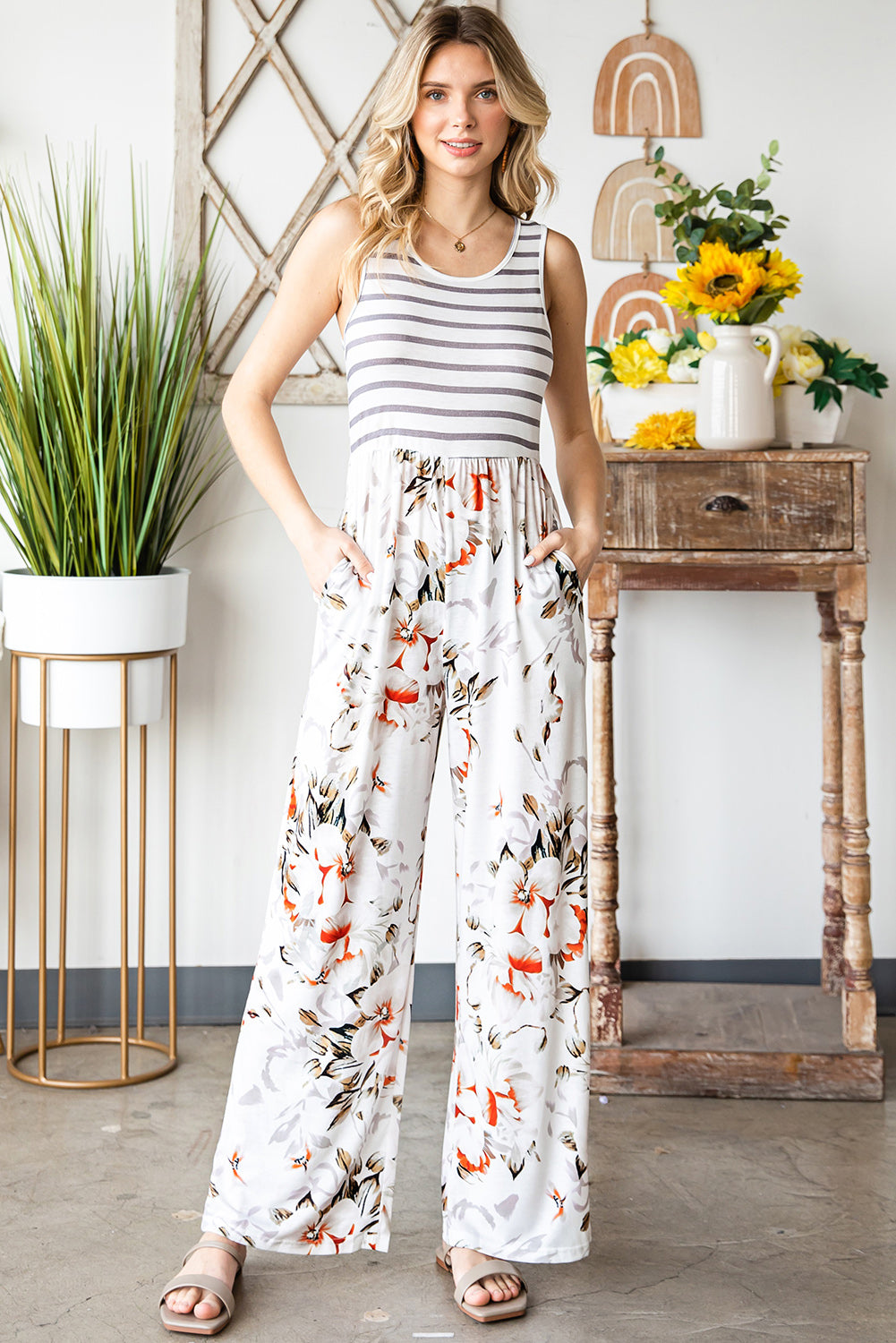 Striped Floral Pocket Sleeveless Jumpsuit With Pockets *