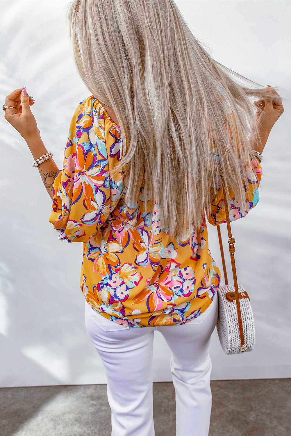 Floral Print Boho Half Sleeve Bishop Sleeve Blouse *