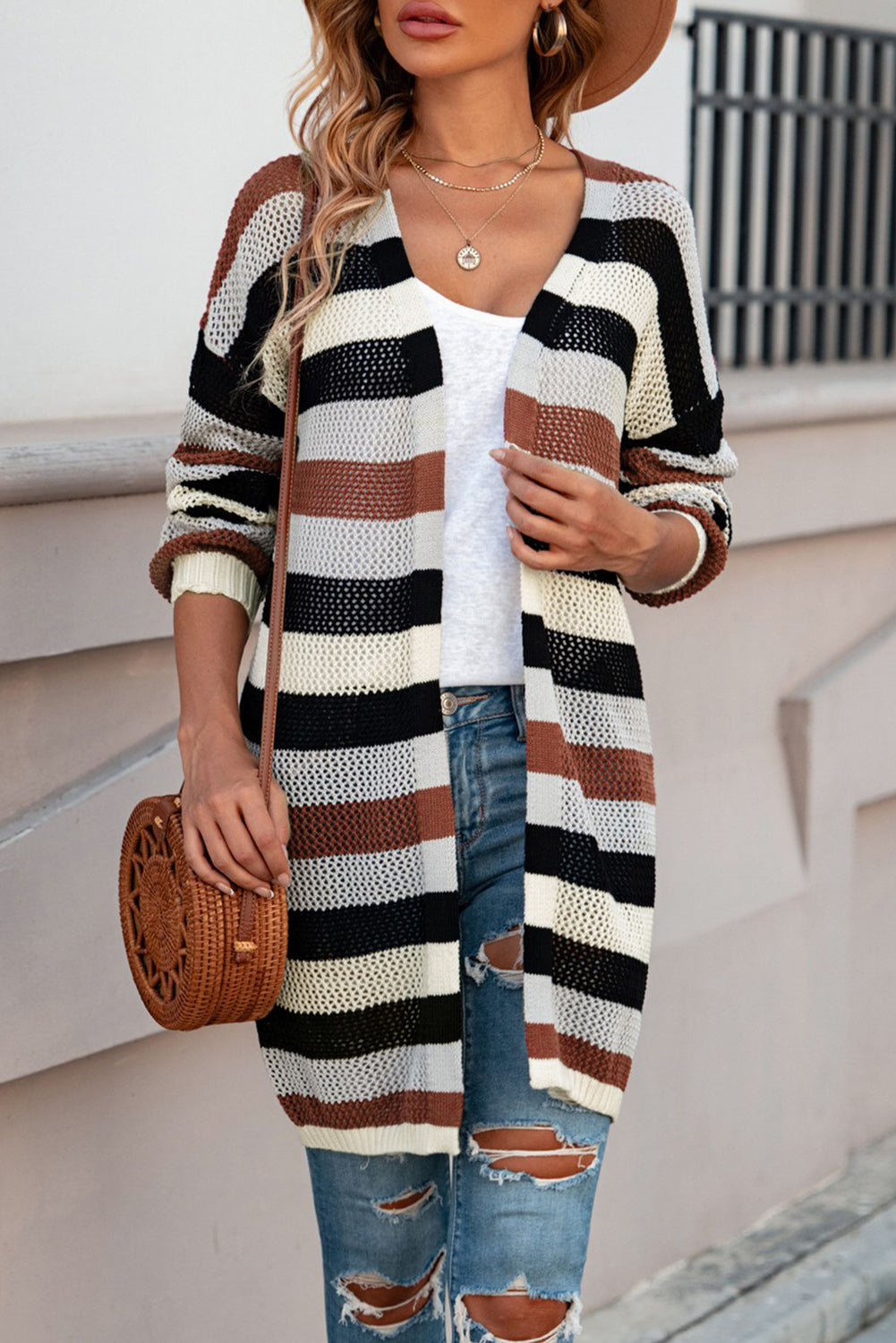 Striped Color Block Hollow Cable Knit Cardigan *