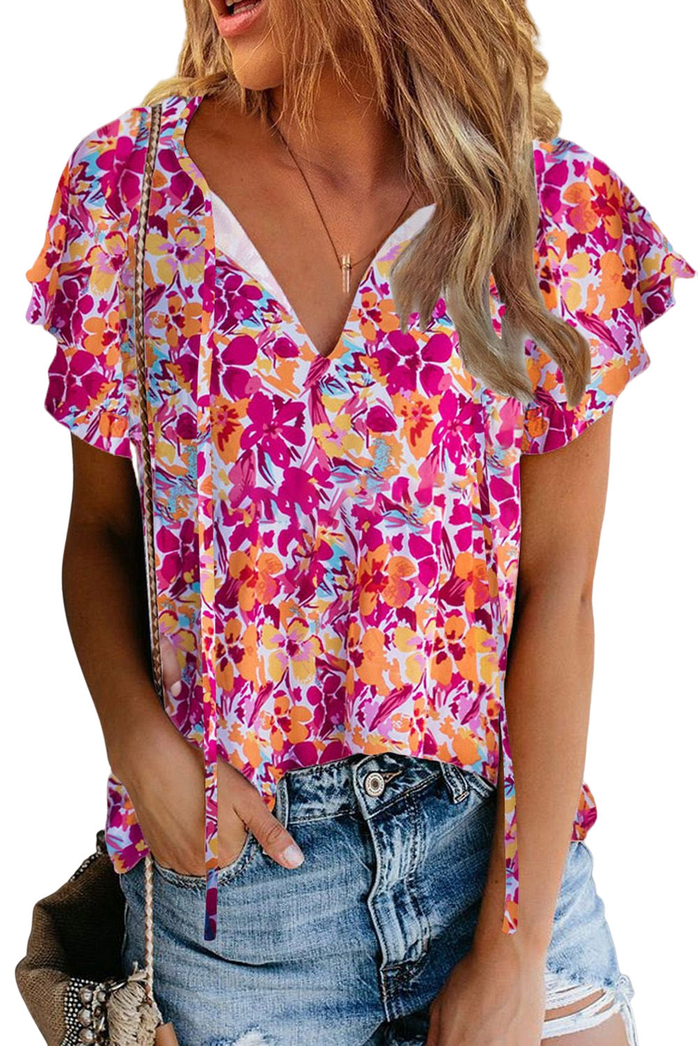 Floral Print Flutter Sleeves Short Sleeve Blouse *