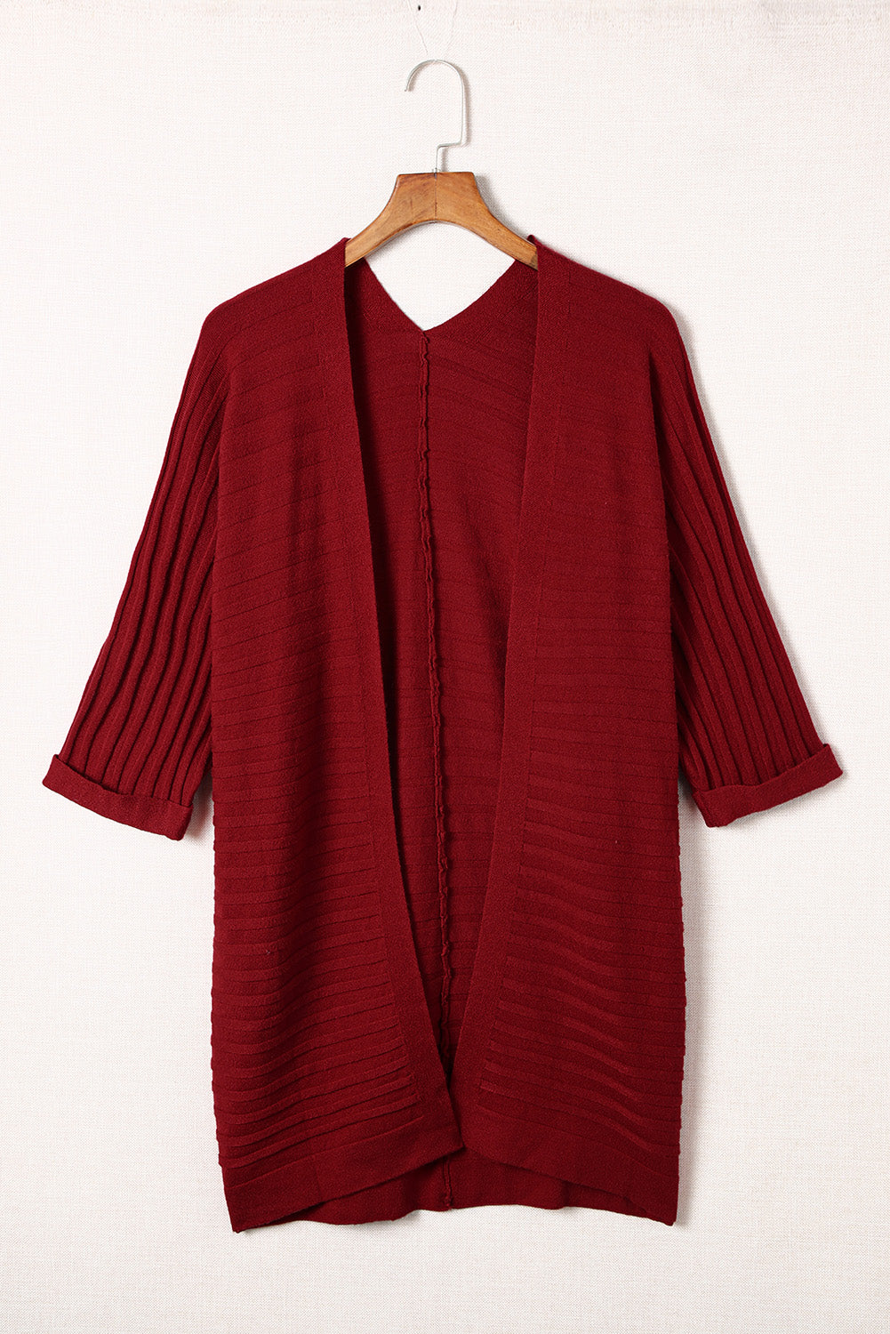 Ribbed Knit 3/4 Sleeve Open Front Swimsuit Cover Up *