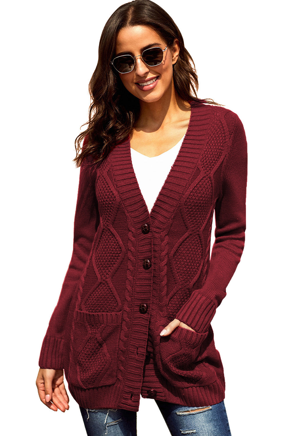 Color Block Button Up Closure Knitted Cardigan with Pocket *