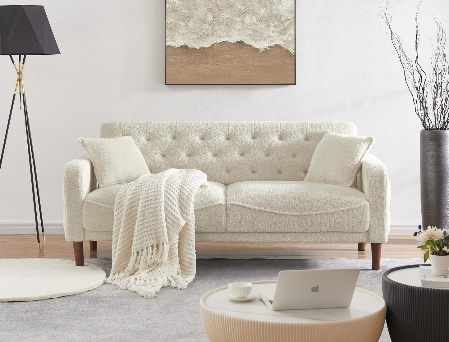 Modern Furniture Teddy Velvet Sofa 2 Pillows Beige Loveseat with Button Tufting