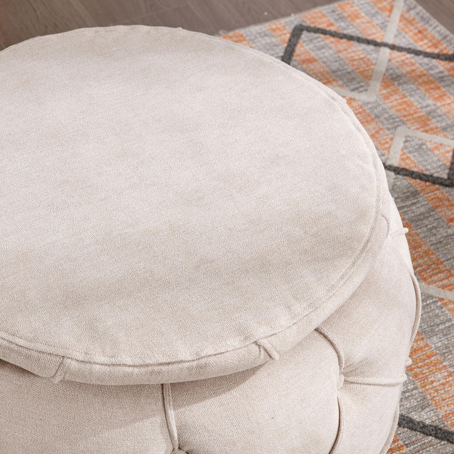 Large Button Tufted Woven Round Storage Footstool