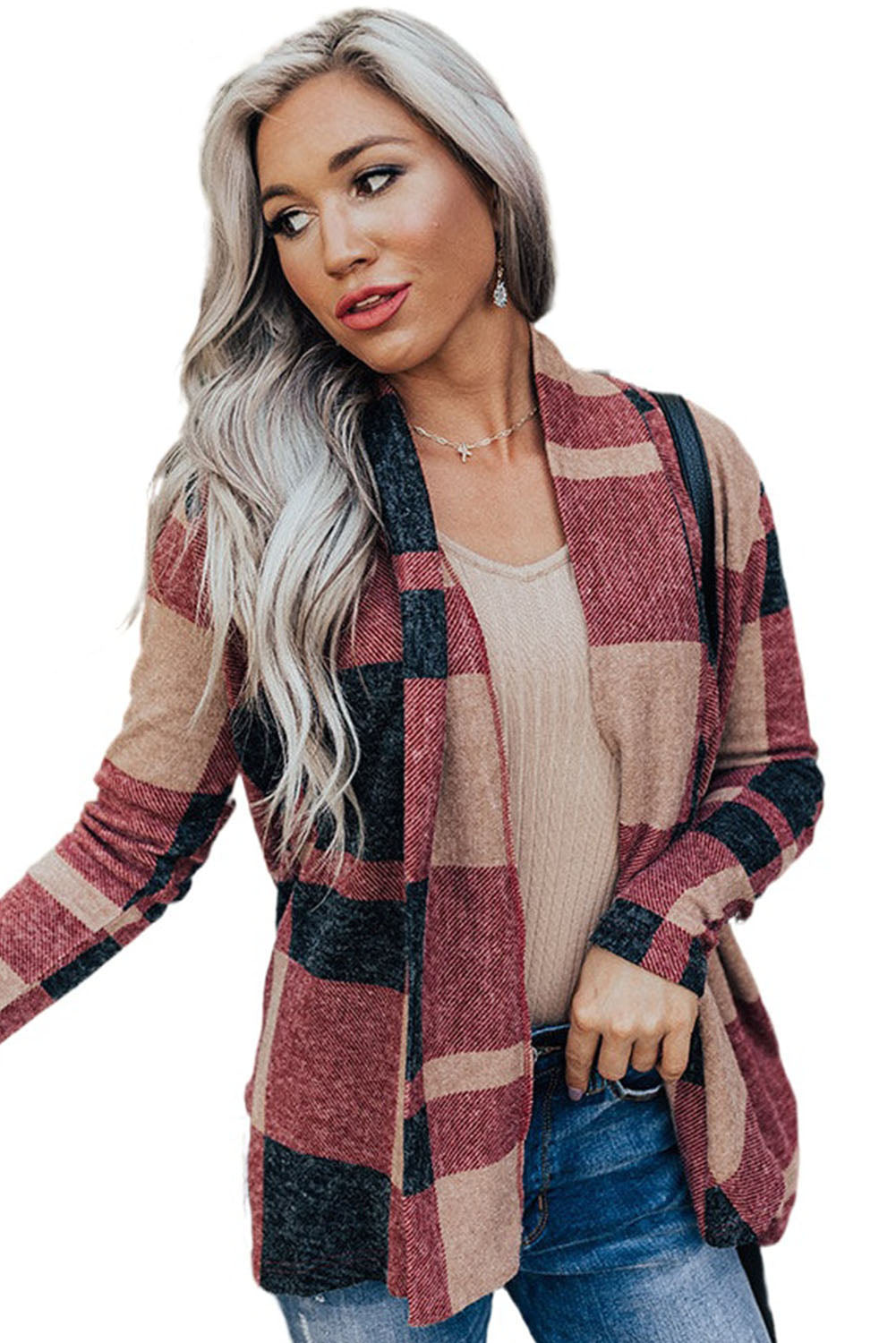 Plaid Casual Draped Open Front Cardigan *