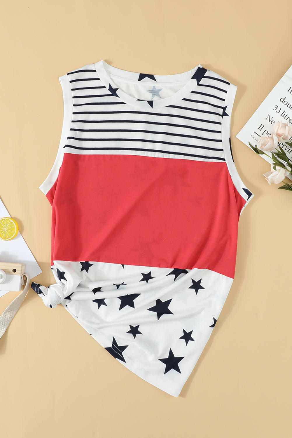 Red Stripes Stars Print Sleeveless Plus Size Top *