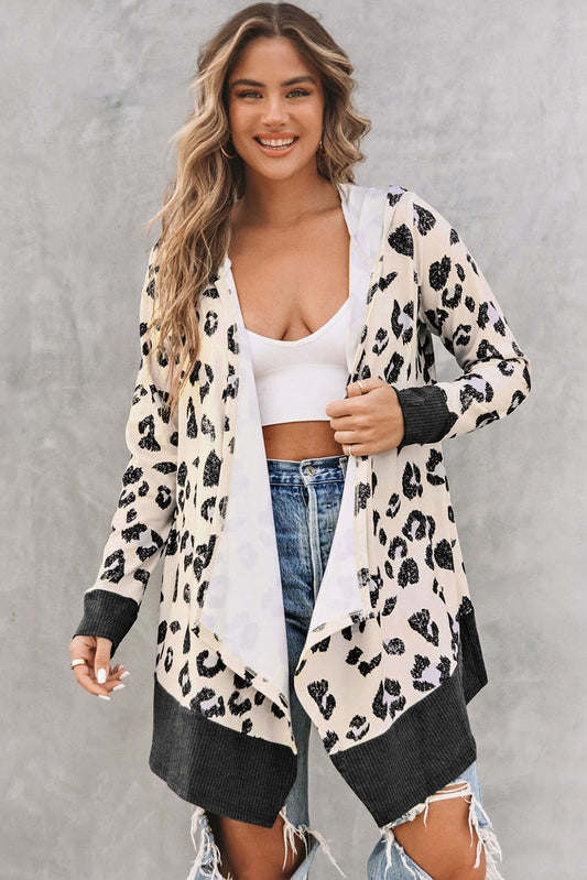 Cheetah Print Casual Hooded Open Front Cardigan *