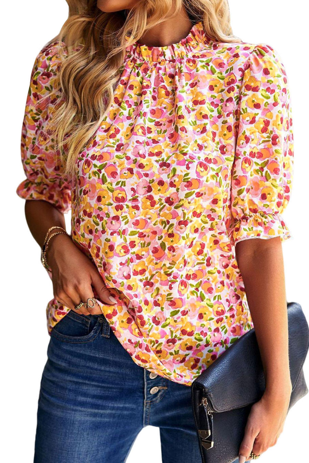 Yellow Floral Boho Frill Mock Neck Blouse