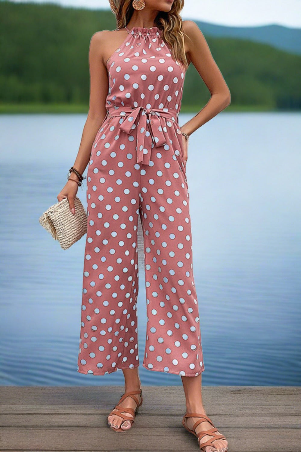 Polka Dot Grecian Wide Leg Jumpsuit