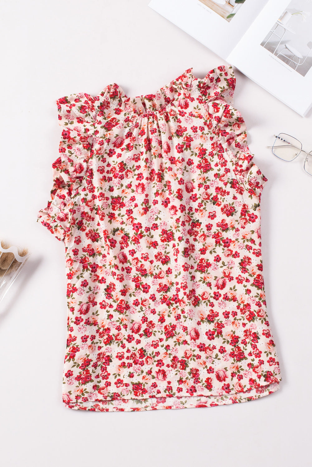 Boho Floral Print Ruffled Mock Neck Sleeveless Shirt *