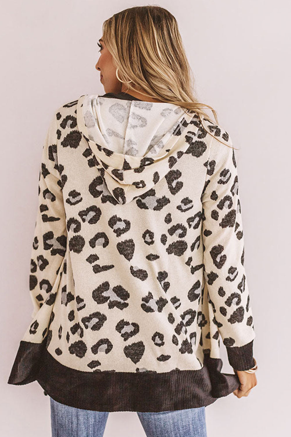 Cheetah Print Casual Hooded Open Front Cardigan *