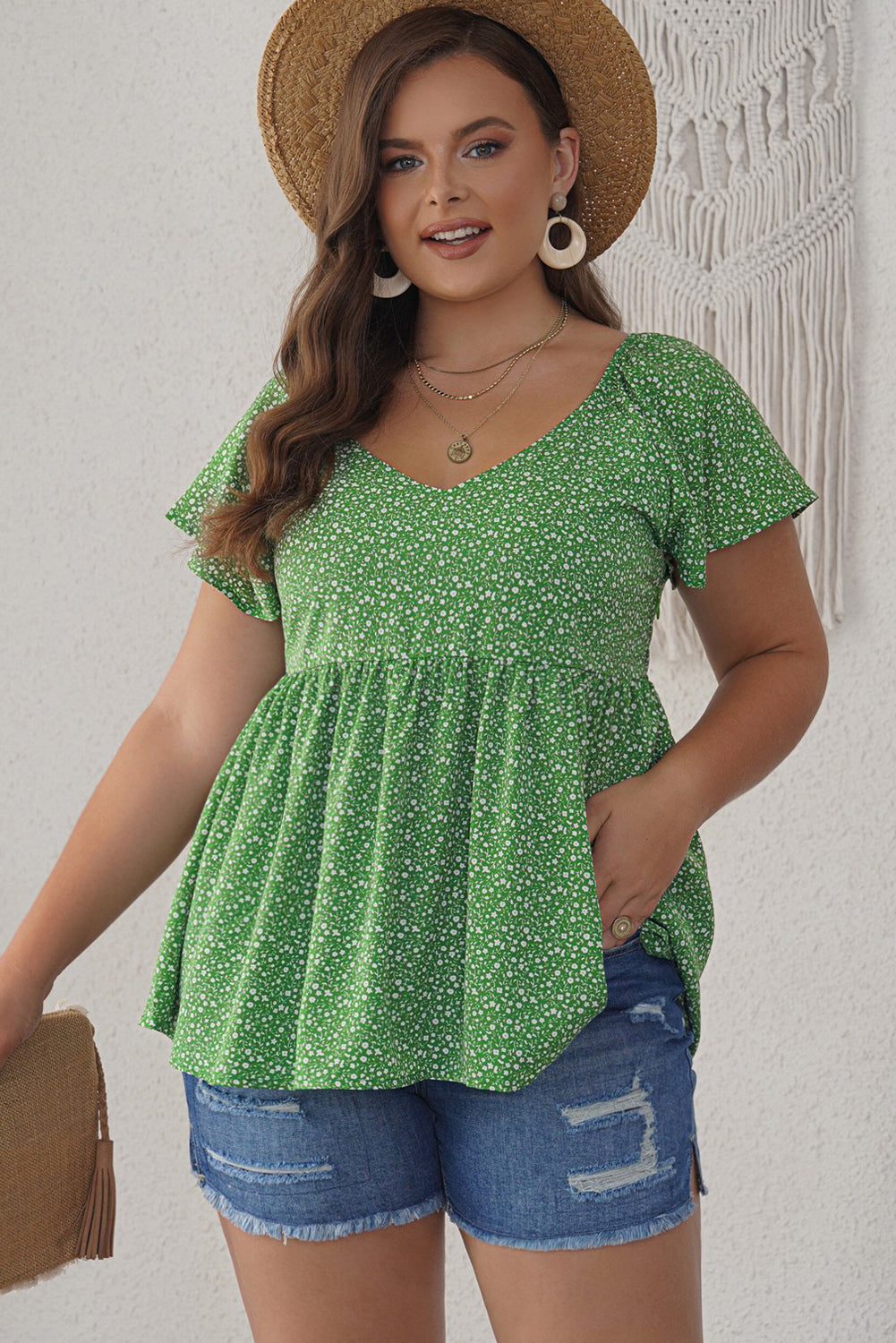 Floral Print Pleated Flounce Hem Short Sleeve Plus Size Top *