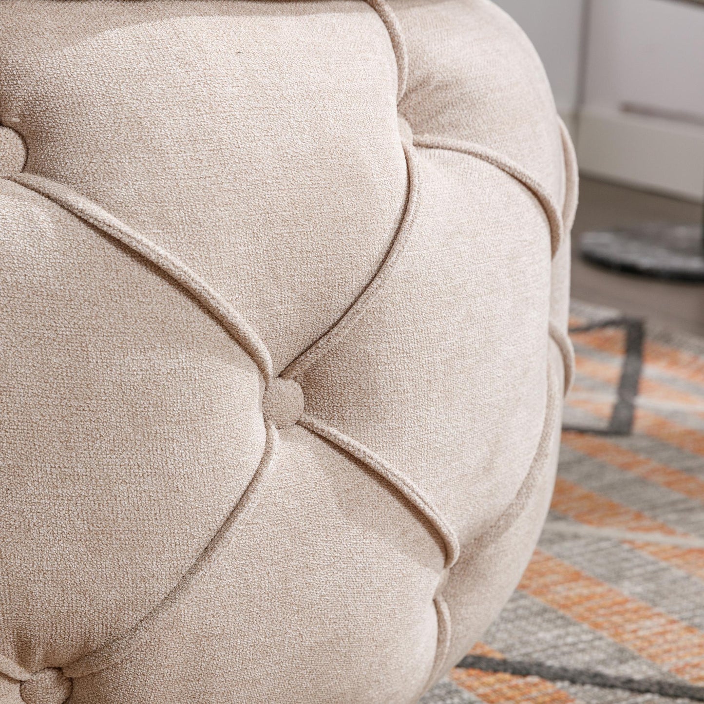 Large Button Tufted Woven Round Storage Footstool