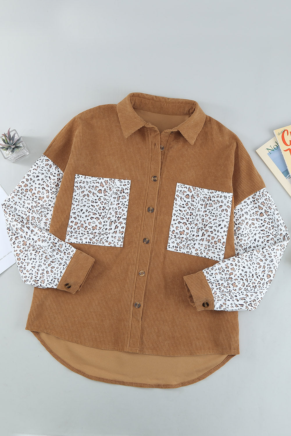 Leopard Patchwork Corduroy Buttoned Shirt Jacket *