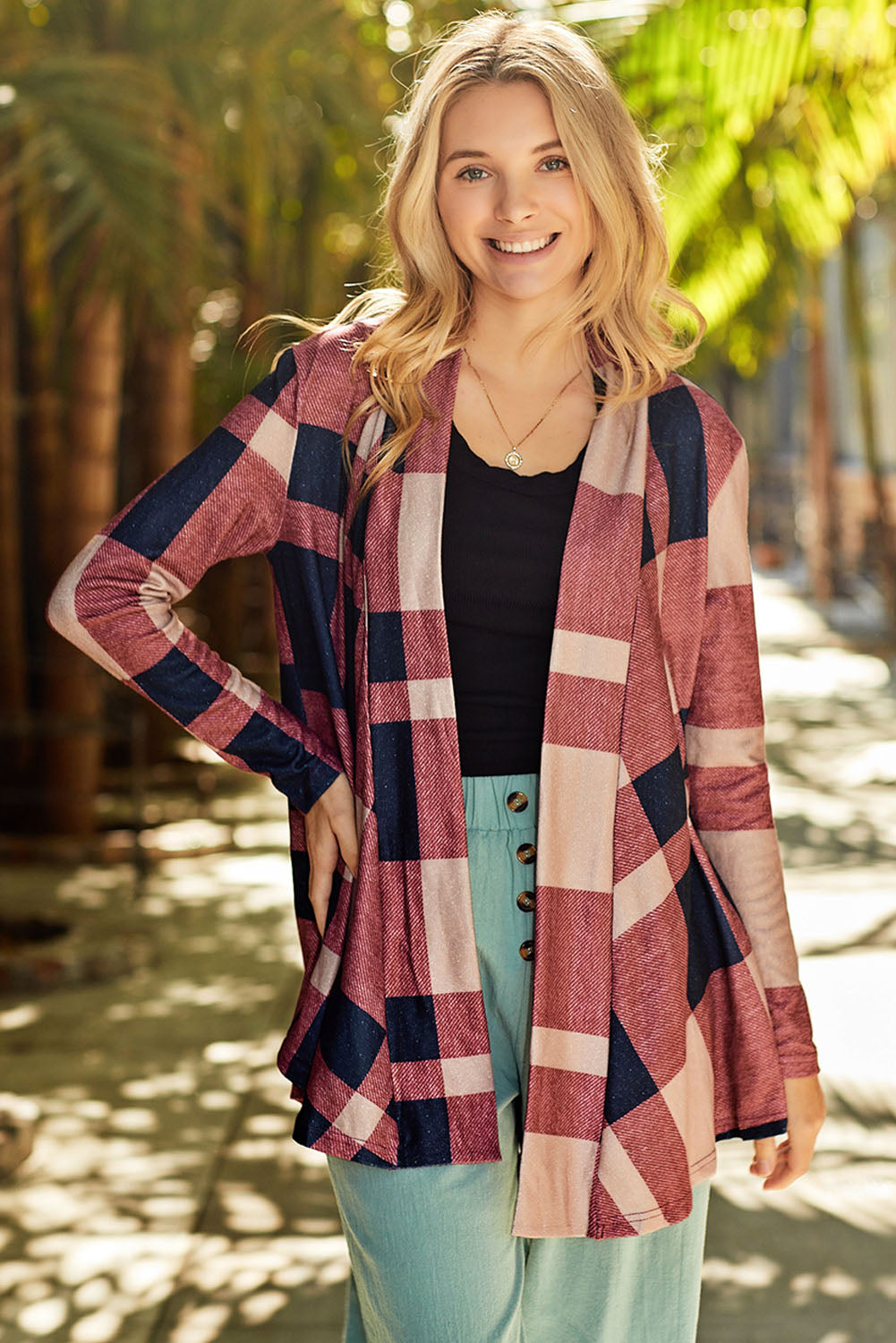 Plaid Casual Draped Open Front Cardigan *