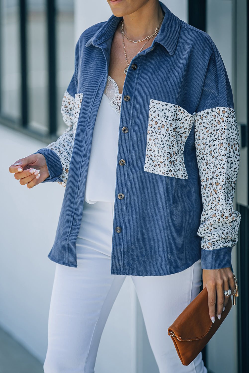 Leopard Patchwork Corduroy Buttoned Shirt Jacket *