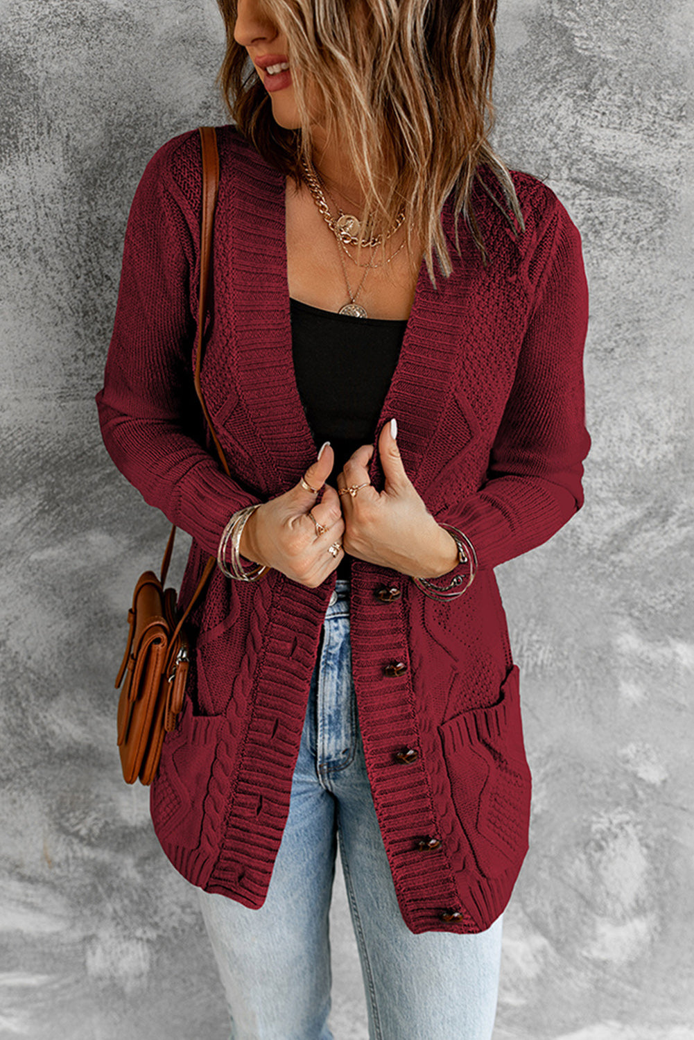 Color Block Button Up Closure Knitted Cardigan with Pocket *