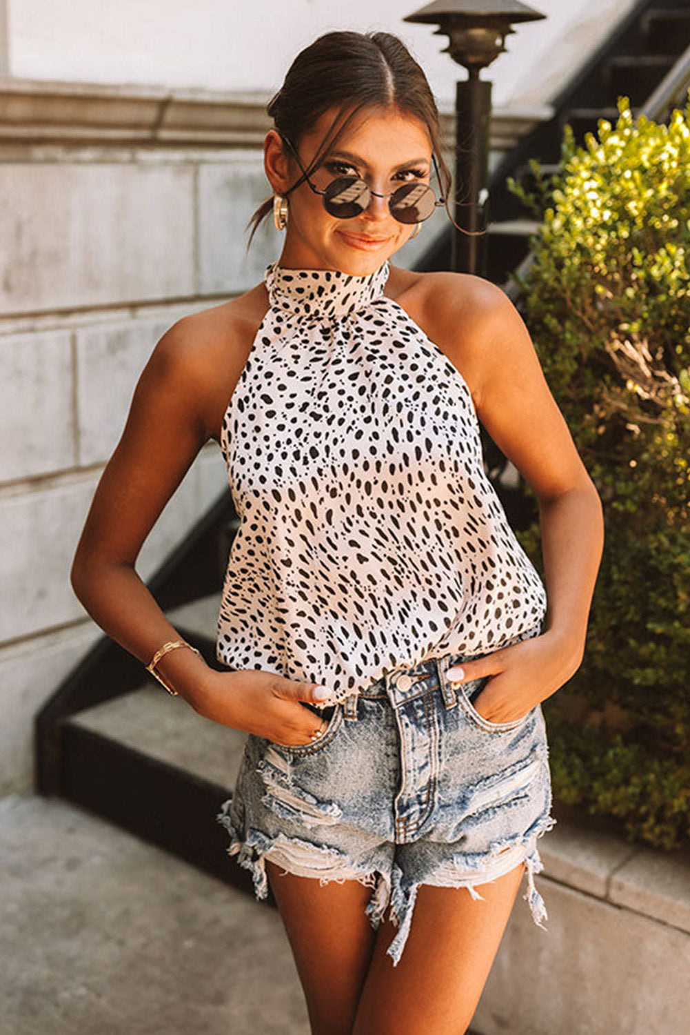 Leopard Animal Spotted Print Backless Sleeveless Top *