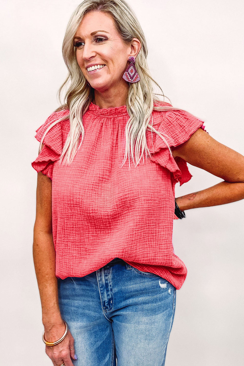 Rosy Crinkled Ruffle Casual Short Sleeve Blouse *