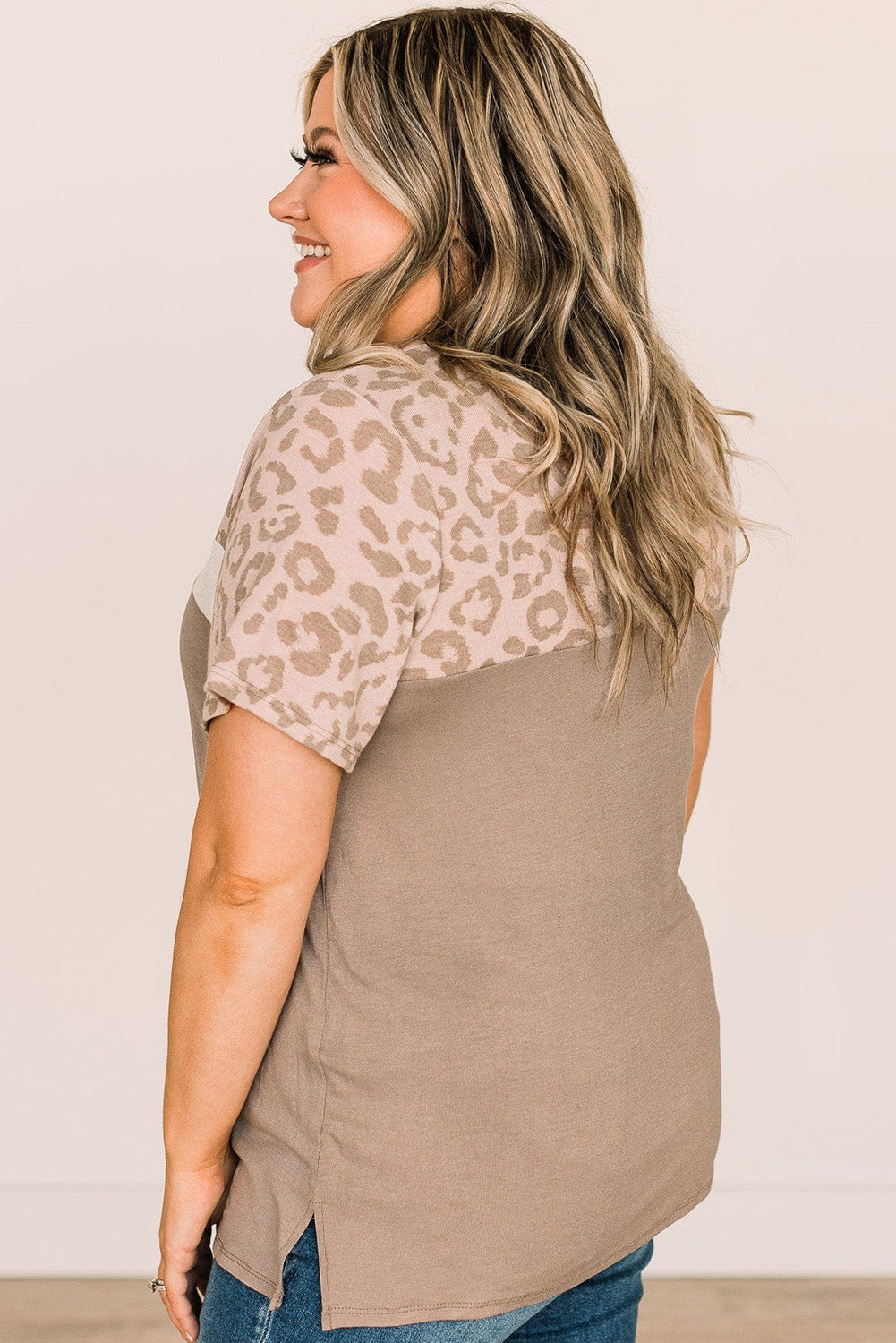 Khaki Leopard Color Block Plus Size Top *