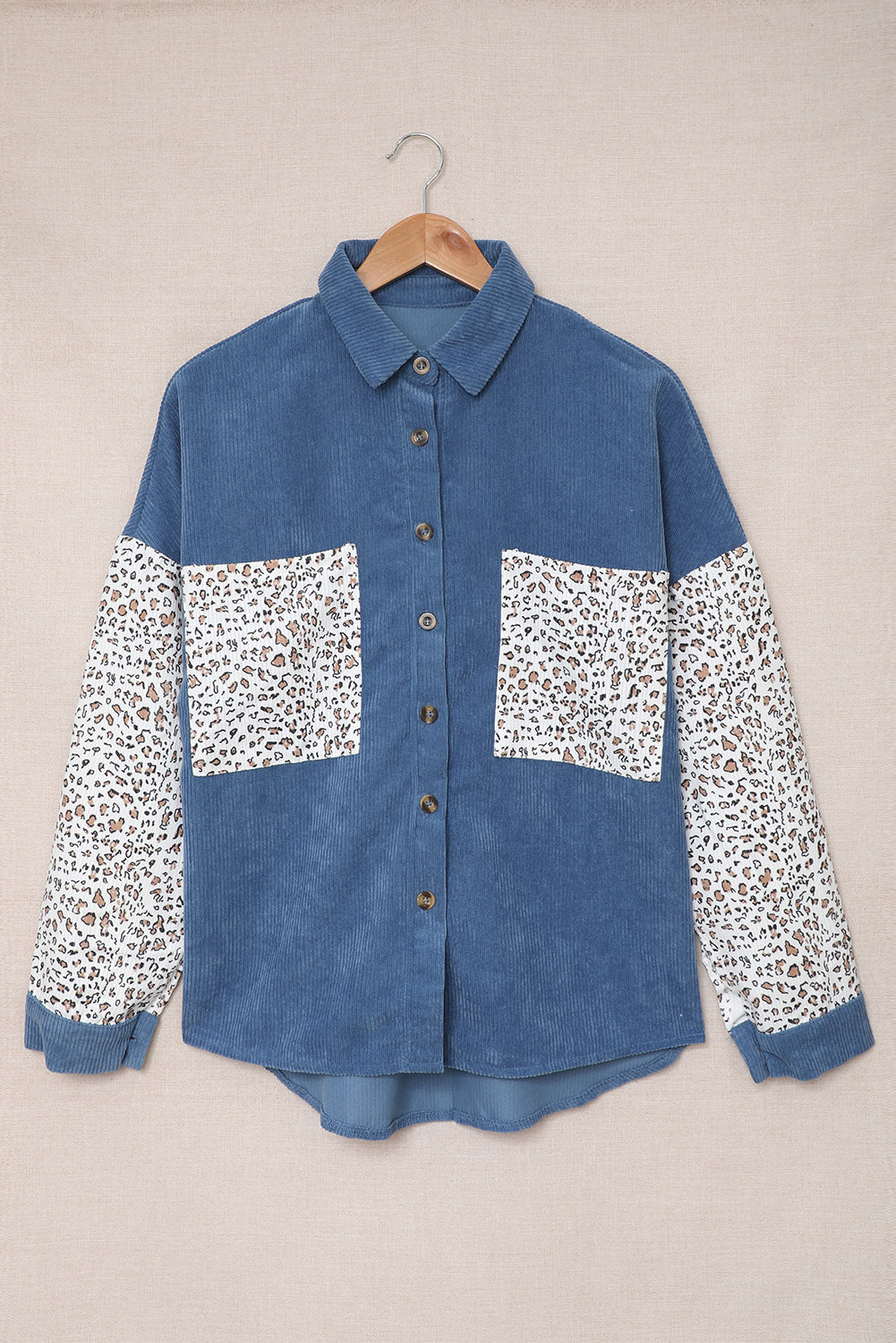 Leopard Patchwork Corduroy Buttoned Shirt Jacket *