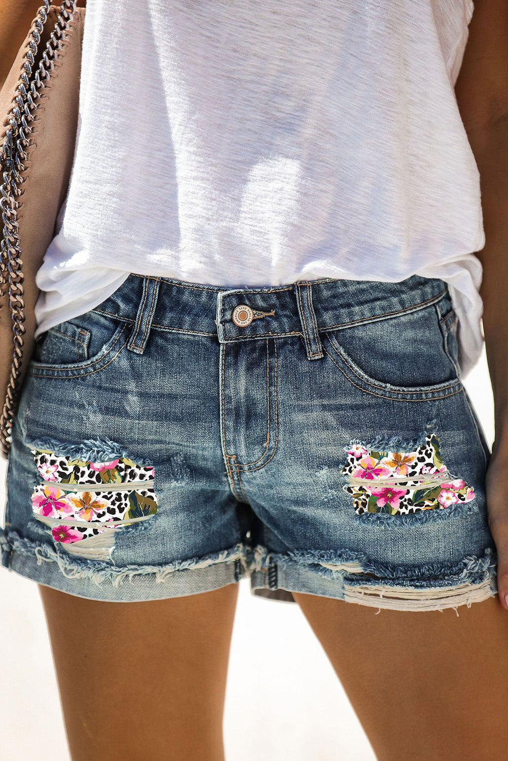 Light Blue Casual Ripped Rolled Hem Denim Shorts