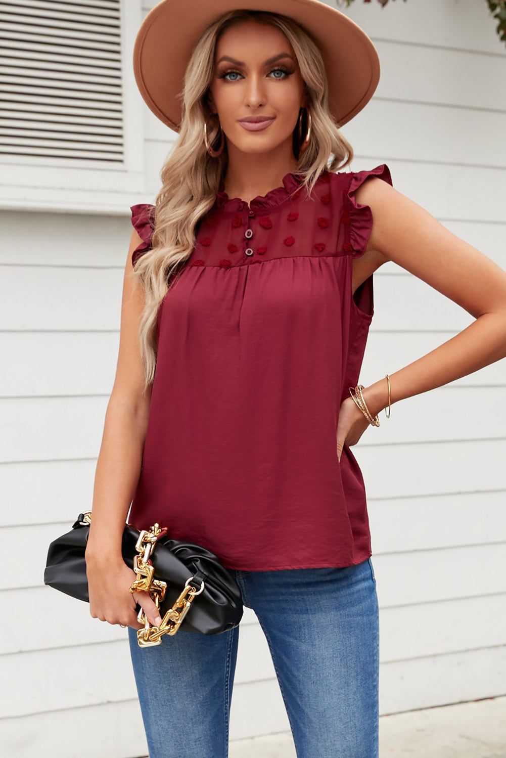 Burgundy Ruffle Trim Swiss Dot Button Closure Sleeveless Shirt *