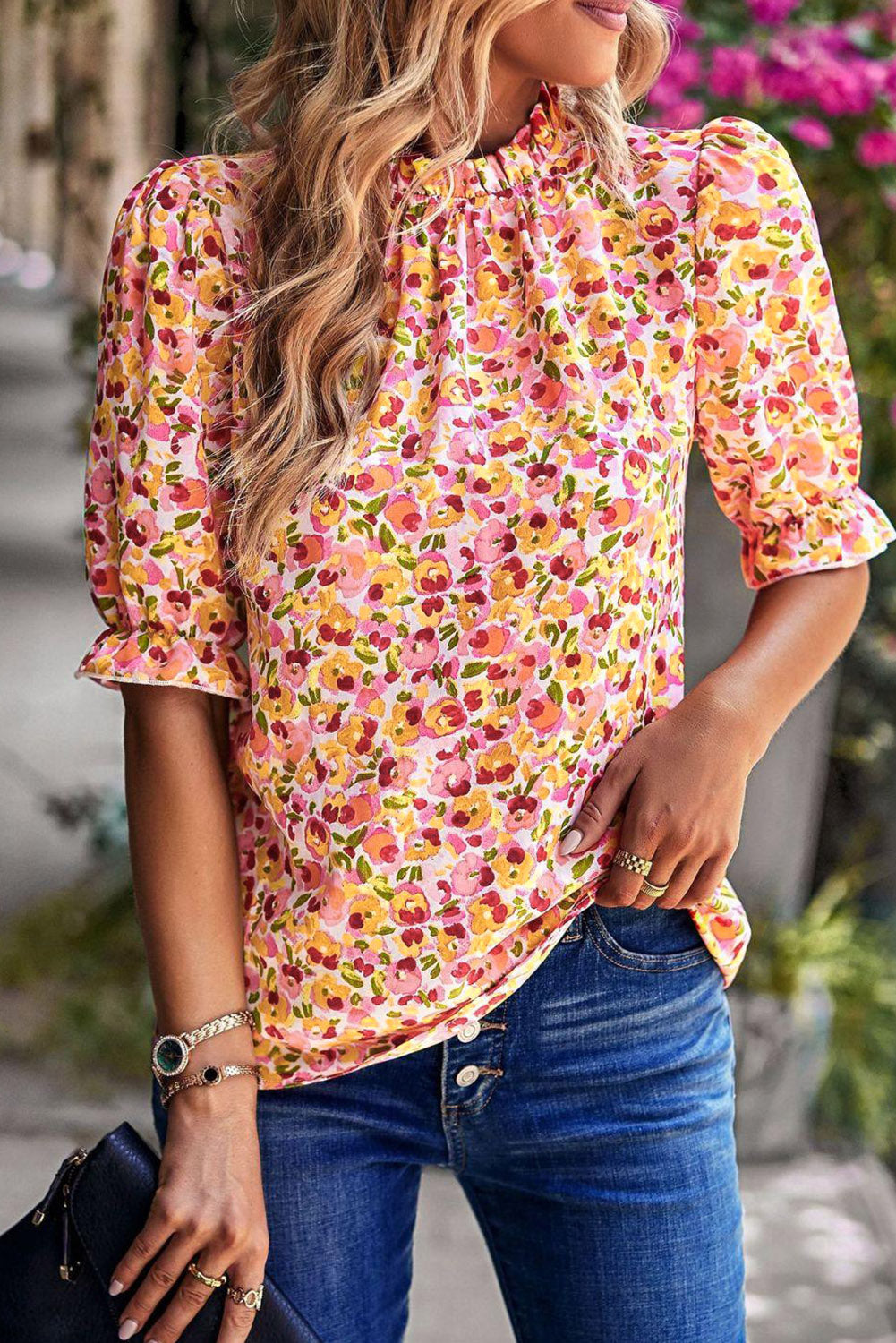 Yellow Floral Boho Frill Mock Neck Blouse