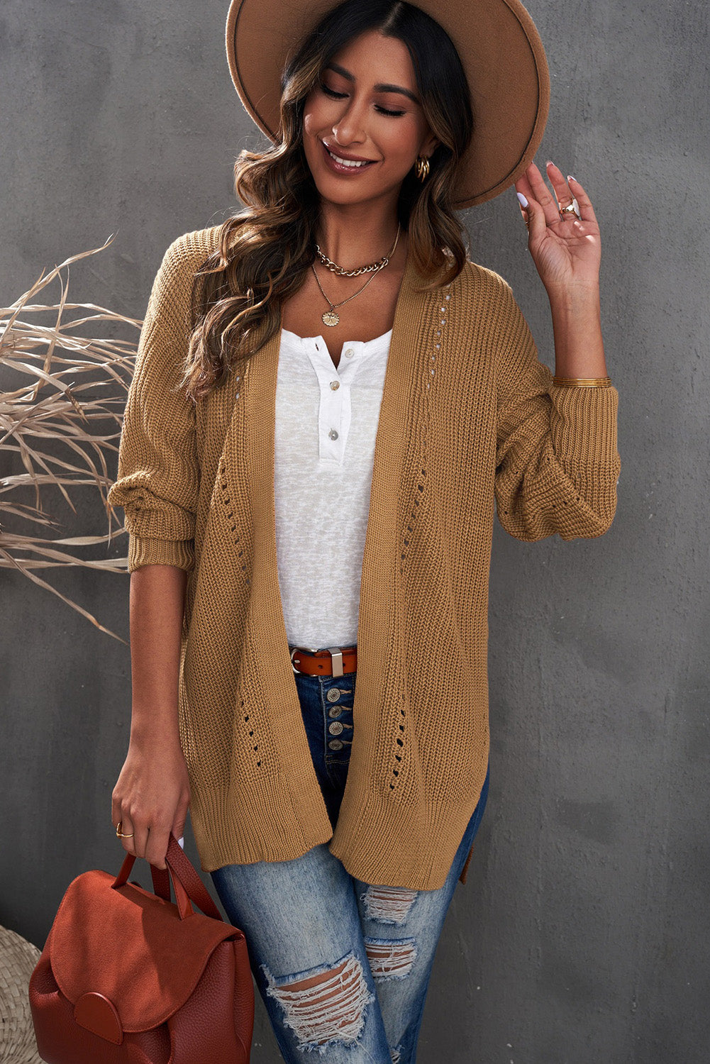 Khaki Fall Long Sleeve Long Cardigan Sweater *