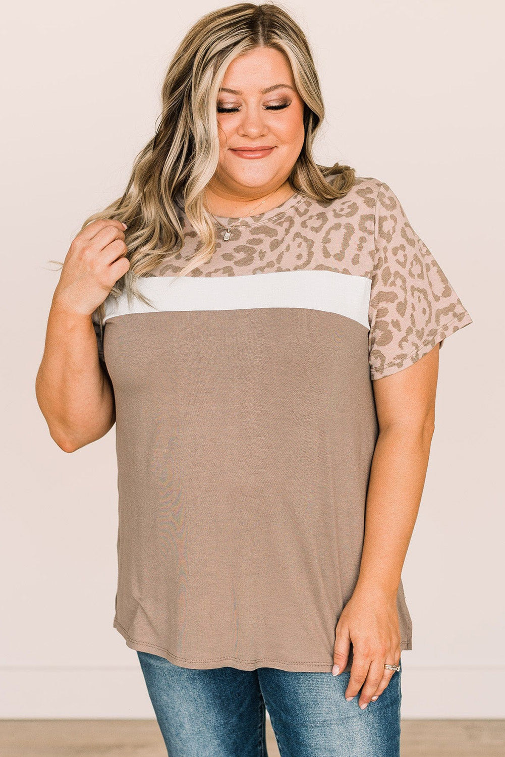 Khaki Leopard Color Block Plus Size Top *