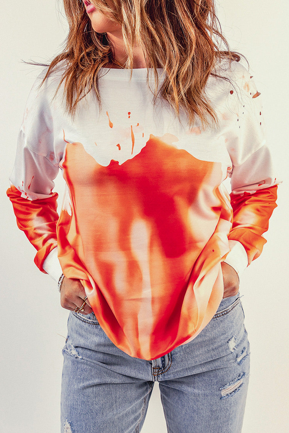 Orange and White Pullover Tie Dye Sweatshirt for Women *