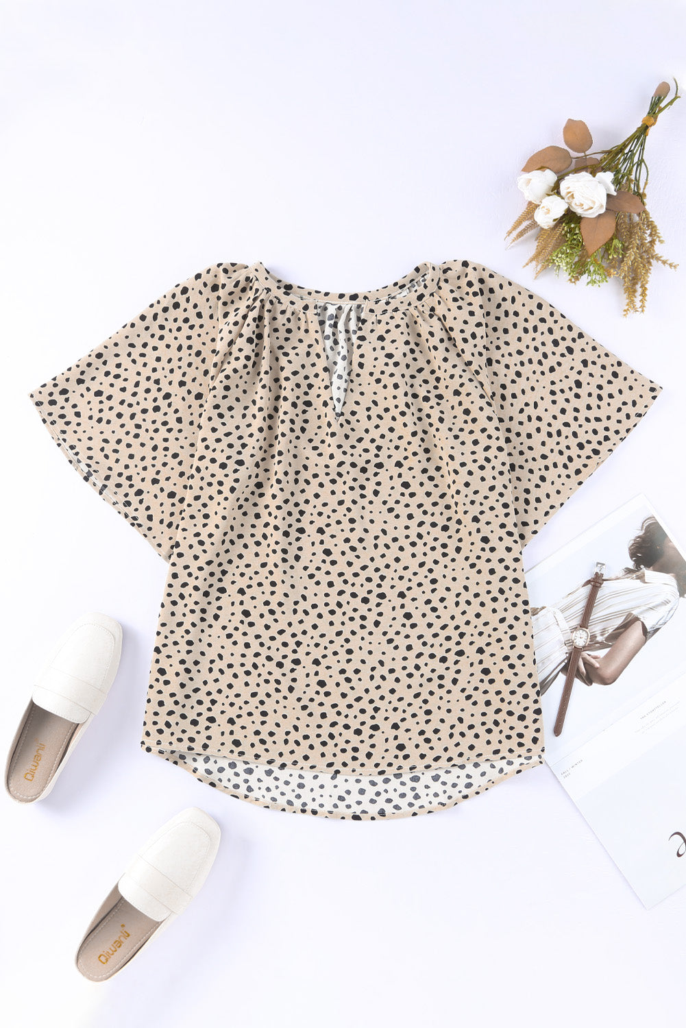 Cheetah Notch V Neck Casual Ruffle Sleeve Blouse *