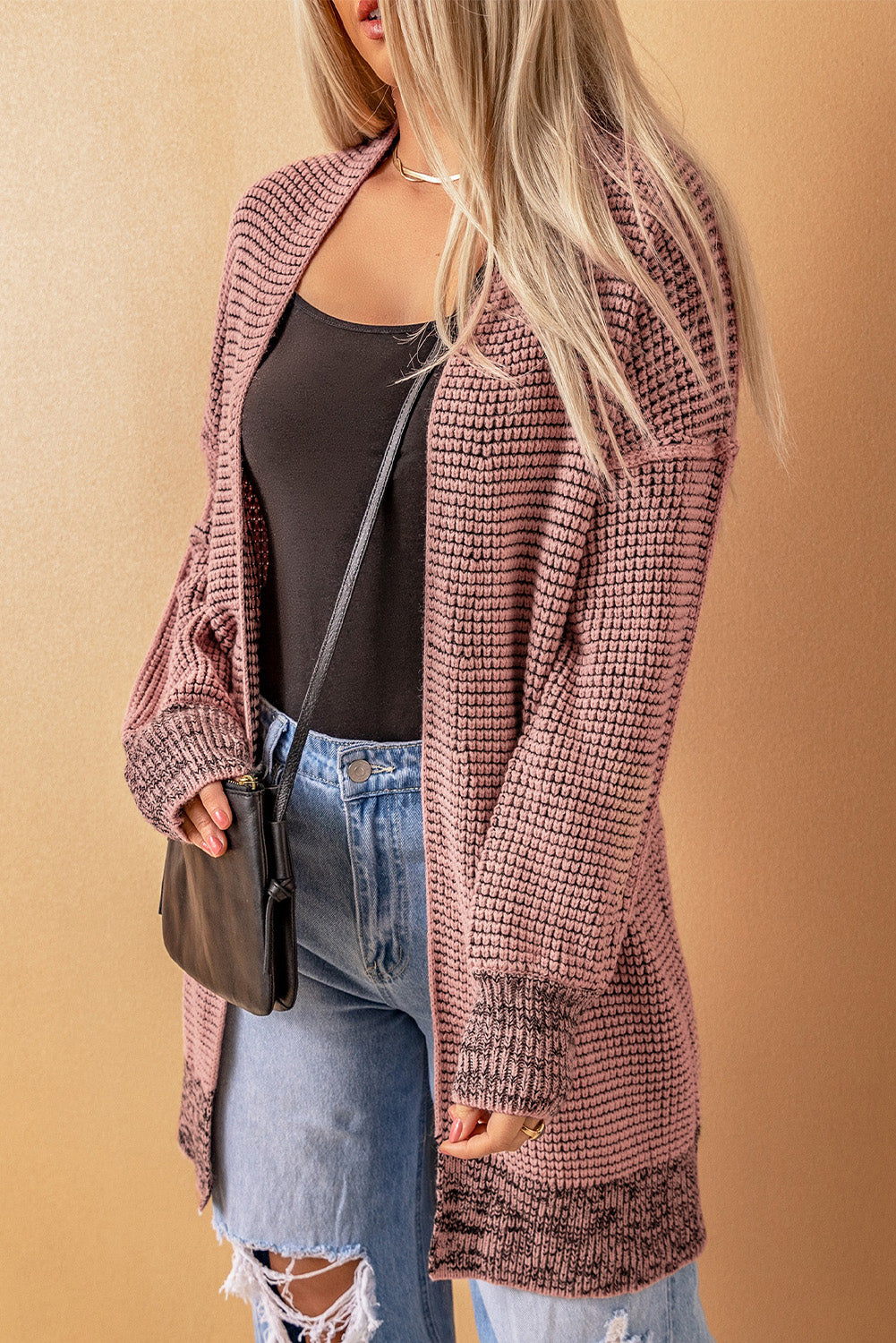 Pink Plaid Contrast Trim Casual Knit Long Cardigan*