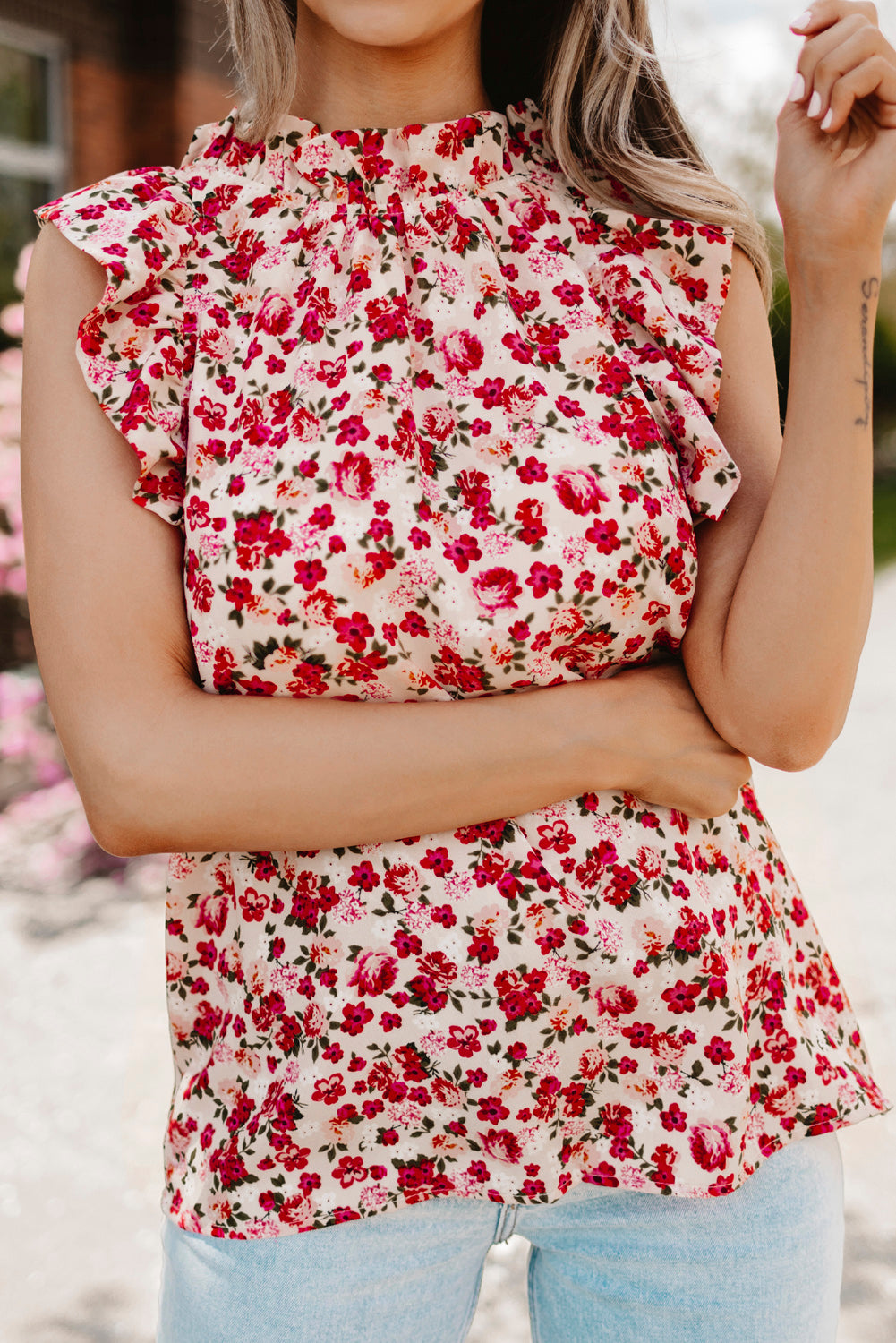 Boho Floral Print Ruffled Mock Neck Sleeveless Shirt *