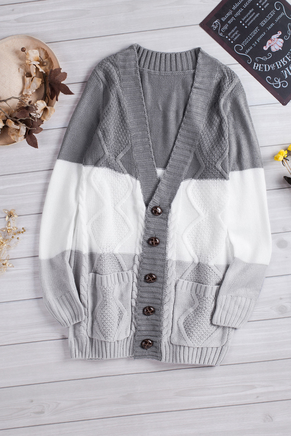 Color Block Button Up Closure Knitted Cardigan with Pocket *