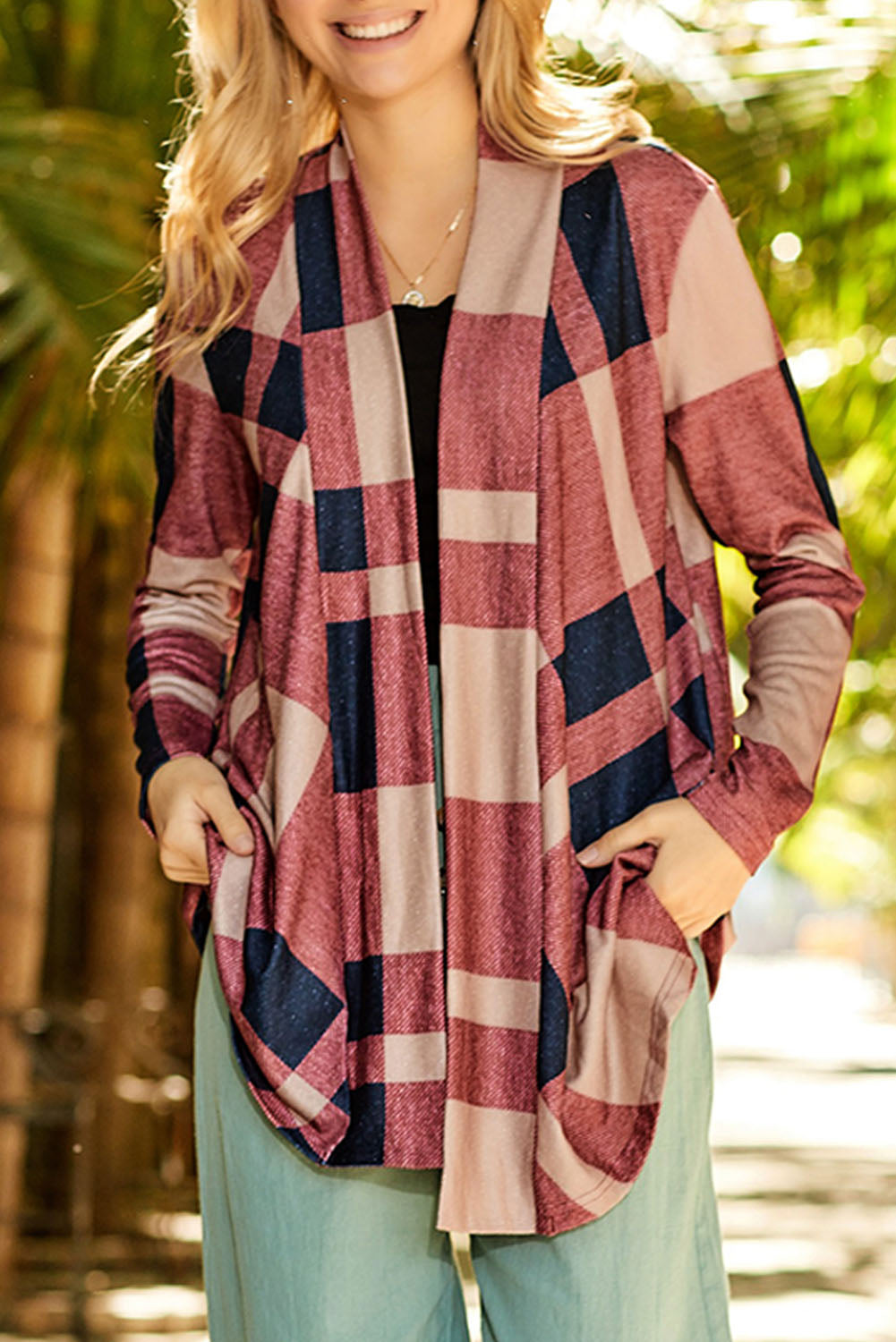 Plaid Casual Draped Open Front Cardigan *