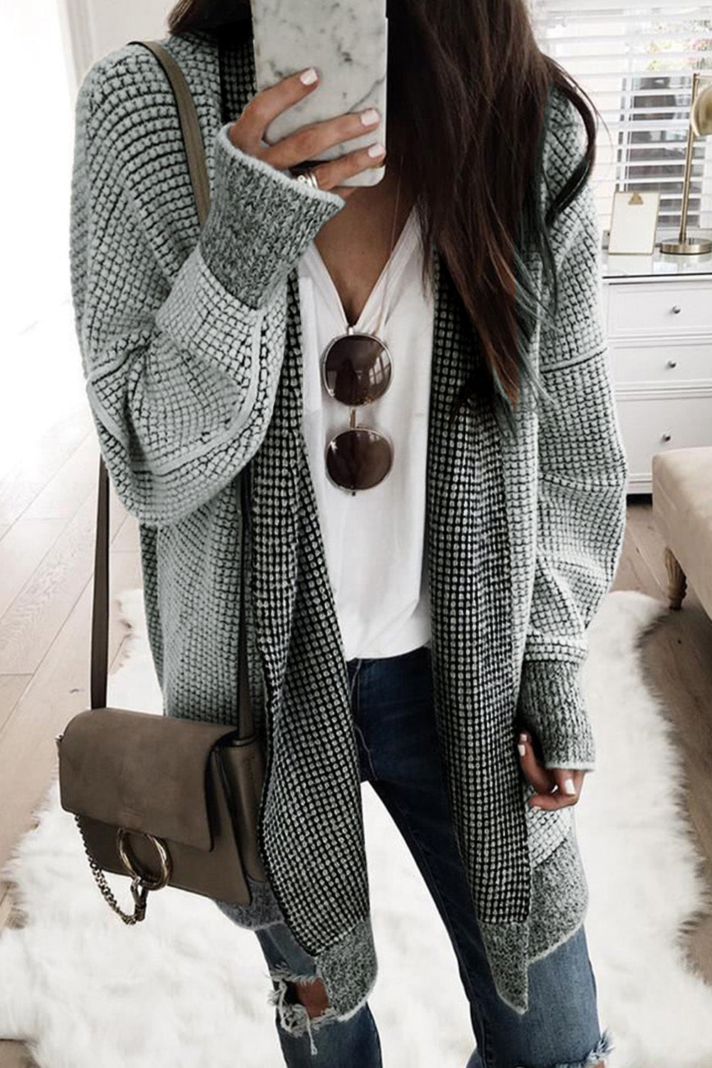 Pink Plaid Contrast Trim Casual Knit Long Cardigan*