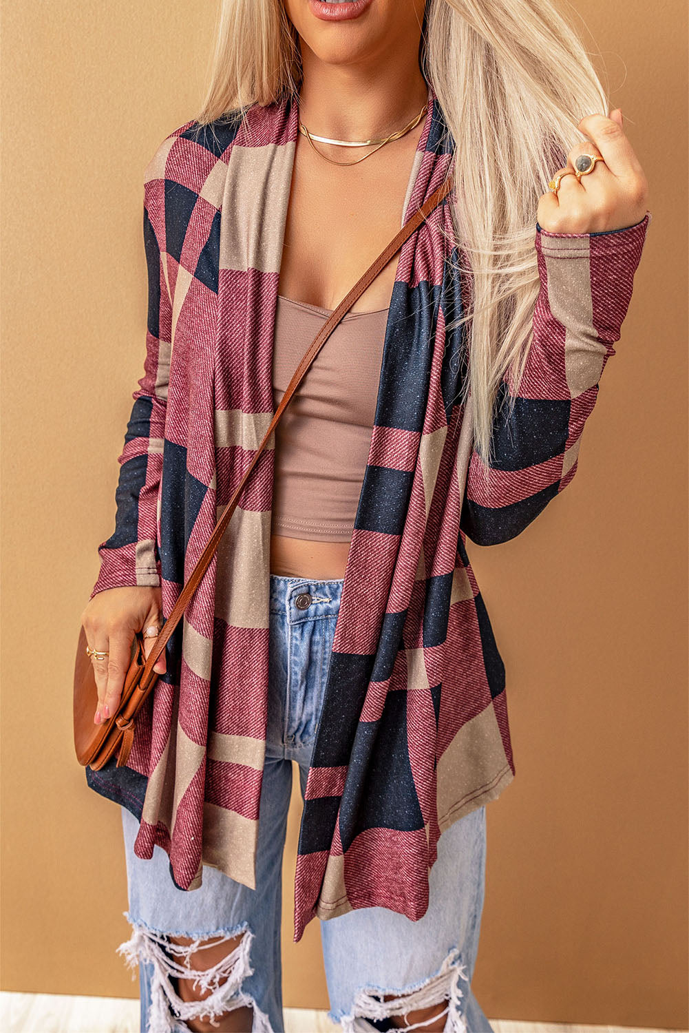 Plaid Casual Draped Open Front Cardigan *