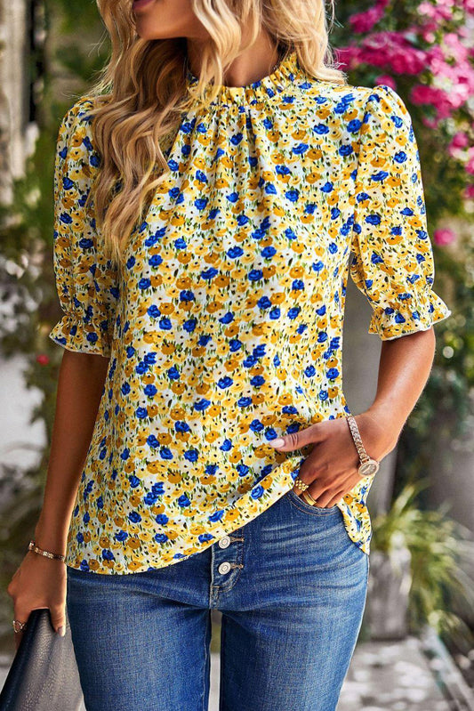 Yellow Floral Boho Frill Mock Neck Blouse