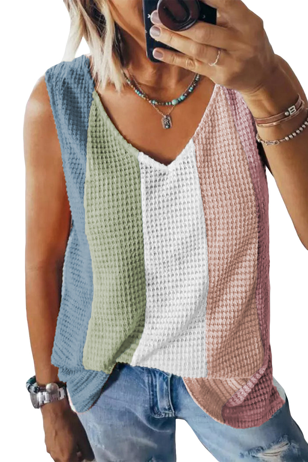 Multicolor Color Block Casual V Neck Waffle Knit Tank Top *