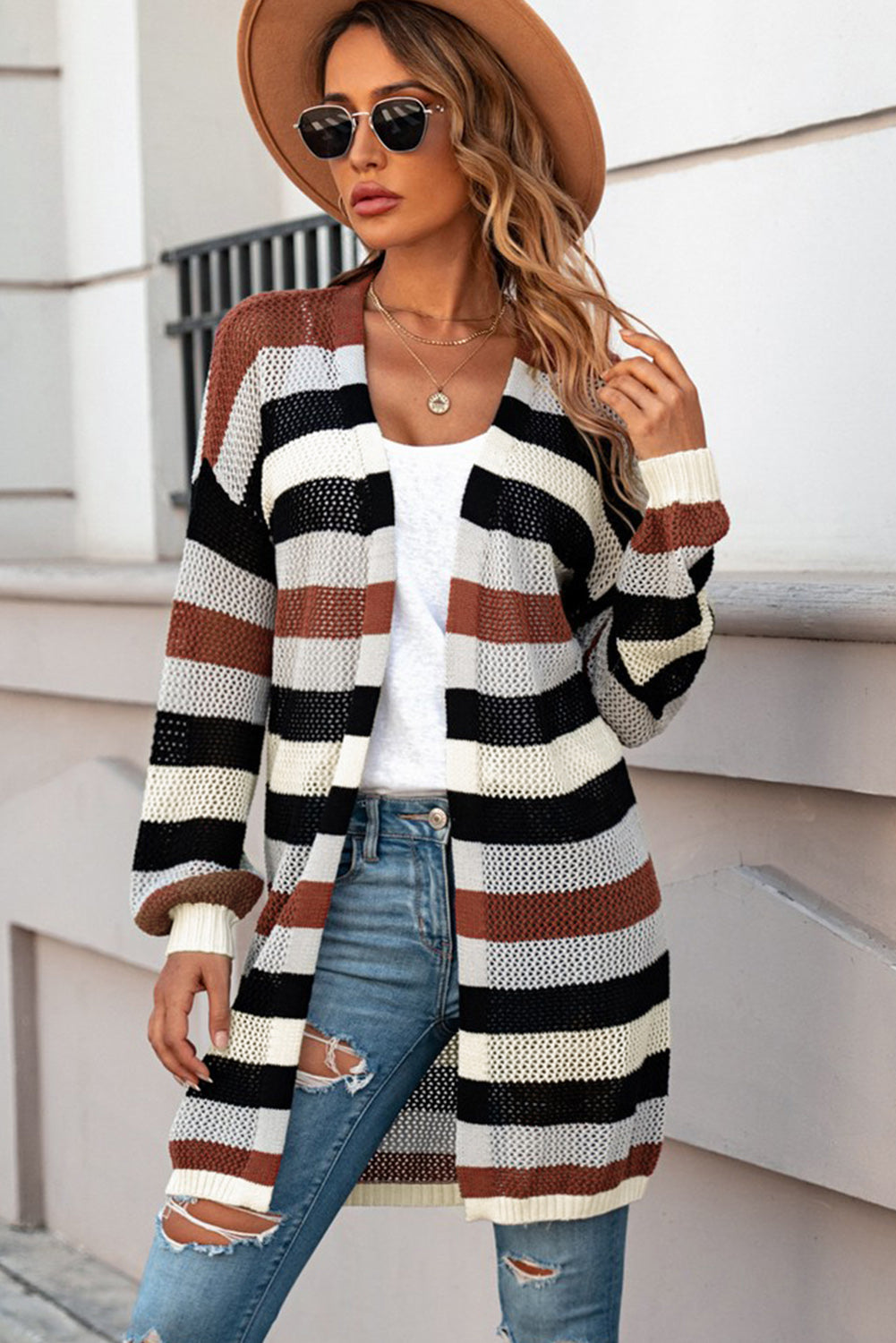 Striped Color Block Hollow Cable Knit Cardigan *